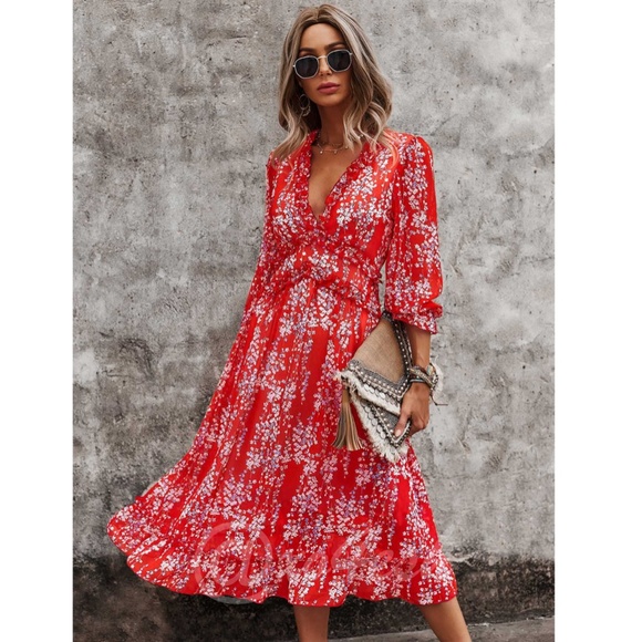 Ditsy Floral Red Midi Dress V-Neck - Picture 2 of 8